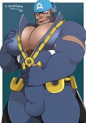 1boy archie_(pokemon) balls bara bara_tiddies bara_tits big_chest big_pecs boner dark-skinned_male erection erection_under_clothes gay holding_penis huge_chest huge_pecs male male_only muscles muscular nintendo penis pokemon pokemon_rse solo solo_male takezamurai team_aqua