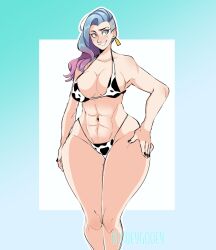 1girls abs bare_legs bikini black_nails blue_eyes blue_hair bluueygooey cow_print cow_print_bikini curvy earrings female female_only heterochromia large_breasts light_blue_hair multicolored_hair nail_polish original pink_eyes pink_hair smile tag thick_thighs voluptuous