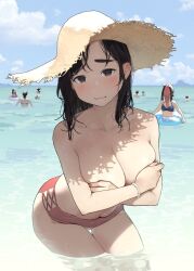 2girls beach black_hair bra_on_head covering_breasts douki-chan_(yomu_(sgt_epper)) float ganbare_douki-chan miru_tights mole mole_on_breast multiple_girls sun_hat wet yomu_(sgt_epper)