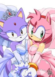 2girls amy_rose anthro asymmetrical_docking big_breasts blaze_the_cat breast_press breasts bridal_veil cleavage clothing corset domestic_cat elbow_gloves erect_nipples eulipotyphlan female gloves green_eyes headband holding_hands lace looking_at_viewer multiple_girls nipples_visible_through_clothing orange_eyes sega sonic_(series) sonic_the_hedgehog_(series) stockings teenage_girl teenager tojyo wedding_lingerie white_background young