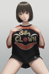 1girls black_shirt brown_hair chst gasping pale_skin solo_female