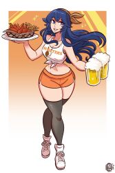 absurdres alternate_costume beer_mug blue_eyes blue_hair breasts cleavage clothes_writing cup deepbeef employee_uniform female female_only fire_emblem fire_emblem_awakening food highres hooters long_hair looking_at_viewer lucina_(fire_emblem) mug navel nintendo no_legwear open_mouth orange_shorts restaurant scruffyturtles short_shorts shorts smile solo symbol-shaped_pupils tank_top thighhighs uniform waitress wide_hips