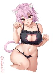 animal_ear_fluff animal_ears black_bra black_panties bra breasts cat_cutout cat_ear_panties cat_ears cat_lingerie cat_tail cleavage cleavage_cutout clothing_cutout collarbone cowboy_shot cropped_legs ebifurya frilled_bra frills hair_between_eyes highres kantai_collection kemonomimi_mode looking_at_viewer medium_breasts meme_attire navel oerba_yun_fang open_mouth panties paw_pose pink_hair red_eyes short_hair tail tama_(kantai_collection) twitter_username underwear white_background