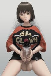 1futa black_cum blank_stare brown_hair chst clown_shirt cum futa_only futanari masturbation pale_skin personality_excretion pubic_hair smoke