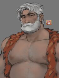 beard fat fat_man hairy linus_(stardew_valley) male_focus male_only muscular red_eyes shirtless stardew_valley twitter white_hair