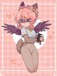 brown_fur collar confused_look cute ear_piercings hazel_(typh) heart heart heart_eyes heart_on_collar no_panties no_pants on_phone phone pink_hair purple_eyes purple_wings question_mark short_tail simple_background solo_female typh vagina wings