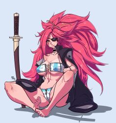 1girls athletic athletic_female baiken big_breasts breasts busty eye_patch female female_focus female_only guilty_gear hourglass_figure kythuulu long_hair pink_eyes pink_hair ponytail sitting solo wide_hips