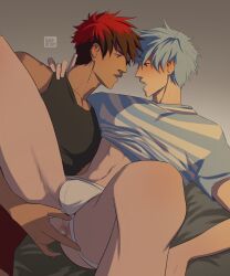 2boys anal_fingering blue_hair blush eye_contact fingering fingering_partner fingers_in_ass gay haledrum jockstrap kuroko_no_basuke looking_at_partner male male/male male_only red_hair taiga_kagami tetsuya_kuroko yaoi