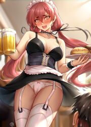 1boy 1girls absurdres alcohol apron bangs beer beer_mug black_dress blush bread breasts cameltoe dress earrings female female_focus food garter_straps hair_between_eyes hair_ribbon highres hua-j jewelry large_breasts long_hair maid maid_headdress mole_on_breast mole_on_thigh mole_under_eye open_mouth original panties plate red_hair ribbon sleeveless_dress solo_focus standing sweat thighhighs thighs underwear very_long_hair white_apron white_legwear white_panties