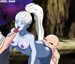 1girls 2boys aditya_draws angel angel_(dragon_ball) anilingus blowjob blue_skin dragon_ball dragon_ball_super dragon_ball_z eating_ass fellatio from_behind interspecies krillin kuririn licking licking_anus licking_ass licking_penis male/female/male nipples oral oral_sex penis ponytail rimming saiyan threesome tournament_of_power vados yamcha