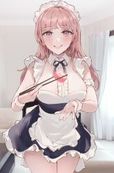 1girls absurdres apron bangs blush breasts chopsticks chowbie couch curtains female female_focus food highres indoors large_breasts legs_together long_hair looking_at_viewer maid maid_apron maid_headdress open_mouth original pink_hair purple_eyes sidelocks solo standing sushi thighs white_apron