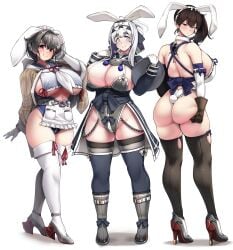 3girls anchor_earrings animal_ears ass blue_eyes blush breasts brown_eyes brown_hair chains curvy earrings elbow_gloves fake_animal_ears folded_ponytail gloves grey_eyes hair_between_eyes hand_on_own_ass hand_on_own_head headband high_heels highres huge_breasts jewelry jingei_(kantai_collection) kaga_(kantai_collection) kamoi_(kantai_collection) kantai_collection konoshige_(ryuun) large_breasts long_hair looking_at_viewer mechanical_parts multiple_girls playboy_bunny rabbit_ears rabbit_tail ryuun_(stiil) side_ponytail sidelocks simple_background skindentation subdermal_port tail thick_eyebrows thighhighs tray underboob white_background white_hair