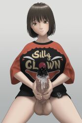 1futa black_cum brown_hair chst clown_shirt cum futa_only futanari leaking masturbation possession pubic_hair solo_female