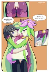 1boy 2girls anthro black_hair breasts english_text fingering french_kiss fully_clothed green_hair group_kissing hisuian_lilligant human_on_anthro humanoid kissing lilligant plant_girl plant_humanoid pokemon pokemon_legends:_arceus ponytail renaspyro romantic romantic_couple speech_bubble text threesome tongue_out triple_kiss tsareena wedding_ring