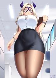 1girls big_breasts blonde_hair breasts castell eye_contact female female_only fully_clothed horns long_hair looking_at_viewer looking_down low-angle_view mask mount_lady my_hero_academia office_lady pantyhose pencil_skirt shiny_clothes skirt solo thick_thighs thighs tight_clothing yuu_takeyama