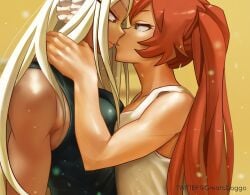 2girls animal_ears black_tank_top blue_eyes commentary dark-skinned_female dark_skin female female_only from_side greatodoggo hand_on_another's_neck indoors itsuka_kendou kendou_itsuka kissing km long_hair miruko multiple_girls my_hero_academia orange_hair rabbit_ears red_eyes rumi_usagiyama shounen_jump side_ponytail tank_top toned twitter_username upper_body usagiyama_rumi white_hair white_tank_top yuri