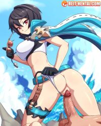 1boy 1girls :) beach belt black_gloves black_hair blue_belt cape celliera clothed_female clothed_female_nude_male clothed_sex cowgirl_position cygames dragalia_lost female female_on_male female_on_top glasses glasses_in_hand happy happy_sex looking_back nintendo panties_aside panties_grab panty_pull red_eyes reit rocks sex sky smile swimsuit swimsuit_aside swimsuit_pull tagme vaginal_insertion water watermark whistle whistle_around_neck