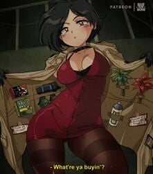 1girls ada_wong ada_wong_(adriana) black_hair bluethebone breasts capcom choker cleavage coat dress female female_focus female_only fully_clothed gloves large_breasts looking_at_viewer pantyhose red_dress resident_evil resident_evil_2 resident_evil_2_remake resident_evil_4 retro_artstyle short_hair solo text ticket