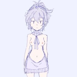 aoba_(kantai_collection) breasts_out female green_hair kantai_collection large_breasts monochrome sasakura_koneri short_hair solo sweater virgin_killer_sweater