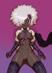 1girls afro areolae arm_gloves biting_lip breasts dark-skinned_female dark_skin female female_only fingernails flower_hair_ornament hair_over_one_eye hi_res looking_at_viewer narrowed_eyes navel necktie nipples no_bra no_more_heroes no_panties orange_eyes partially_nude pears_(artist) pussy shinobu_jacobs smiling smiling_at_viewer solo solo_female stockings unbuttoned_shirt voluptuous white_hair