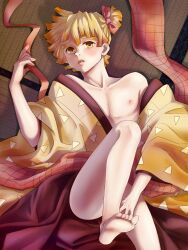 bare_shoulders barefoot blonde_hair blush canon_crossdressing crossdressing demon_slayer femboy hairbow hamhassy kimetsu_no_yaiba kimono looking_at_viewer male male_only off_shoulder on_back open_kimono solo tatami thick_eyebrows twink yellow_eyes zenitsu_agatsuma