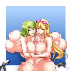 1futa 2girls after_oral ami_aiba arm_grab big_breasts big_penis breast_grab breasts collaborative_fellatio cum cum_on_body cum_on_breasts digimon digimon_story digimon_story:_cyber_sleuth double_fellatio double_paizuri drooling duo_focus erection eye_contact eyewear_on_head fellatio female female_focus female_protagonist futa_on_female futanari gigantic_penis half-closed_eyes human kyouko_kuremi licking_penis light-skinned_female light-skinned_futanari light_skin multiple_girls naked nude oral painted_nails paizuri pale_skin parvad penis pov rie_kishibe sunglasses_on_head teamwork tongue tongue_out