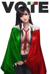 1girls abs black_hair black_suit breasts brown_eyes earrings english_text female female_only final_fantasy final_fantasy_vii flag head_tilt highres italian_flag italian_senate_hack large_breasts mascara meme monorirogue muscular muscular_female navel necktie necktie_between_breasts no_bra open_clothes open_shirt pant_suit pants propaganda solo suit tifa_lockhart