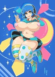 big_breasts blue_eyes blue_hair commission countmoxi fuuka_yamagishi panties partially_clothed persona persona_3 persona_3:_dancing_in_moonlight pixel_art shirt_lift stockings tagme tongue_out yamagishi_fuuka