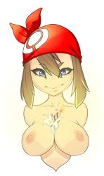 alternate_breast_size bandana between_breasts blue_eyes brown_hair bust candle ein457 exposed_breasts eyelashes female large_breasts may_(pokemon) pokemon pokemon_rse smile solo sprinkles thick_eyebrows