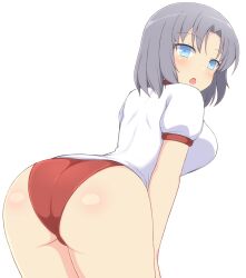 1girls ass bent_over big_ass bloomers blue_eyes breasts buruma fat_ass female female_only grey_hair gym_clothes gym_shirt gym_shorts large_ass leaning_forward light-skinned_female light_skin looking_to_the_side open_mouth senran_kagura short_hair sideboob solo solo_female tagme thick_thighs thighs white_background white_shirt yumi_(senran_kagura) zack_(haiuinndo)