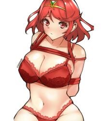 1340smile 1girls alternate_costume bra breasts clothing female matching_underwear nintendo panties pyra red_bra red_eyes red_hair red_panties solo tied_up xenoblade_(series) xenoblade_chronicles_2