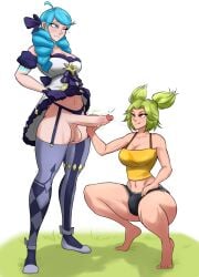 2futas balls belly_button big_ass big_balls big_breasts big_butt big_penis blue_eyes blue_hair breasts brown_eyes bulge clothed clothing drool_string drooling duo electricity electrostimulation erect_penis erection erection_under_clothes flats full_body futa_on_futa futa_only futanari gloves green_hair gwen_(league_of_legends) gym_shorts hand_on_penis handjob highres human humanoid_penis league_of_legends light-skinned_futanari mostly_clothed penis riot_games simple_background skirt skirt_lift squatting standing sunk118 testicles thick_thighs thighhighs tied_hair twintails wide_hips zeri_(league_of_legends)