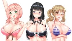 3girls areola_slip areolae arm_under_breasts arm_up bang_dream! bare_shoulders bikini black_hair blush breasts brown_eyes brown_hair cleavage closed_mouth collarbone eyebrows_visible_through_hair female female_only green_eyes hair_ornament hand_on_own_chest highres huge_breasts ichigaya_arisa long_hair looking_at_viewer looking_away low_twintails medium_hair multiple_girls navel numaccha open_mouth pink_hair puffy_nipples purple_eyes shirokane_rinko simple_background smile standing striped striped_bikini swimsuit teeth tied_hair twintails uehara_himari upper_body upper_teeth wet x_hair_ornament