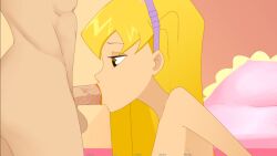 1boy 1girls balls blonde_hair deepthroat faceless_male fellatio juiceshooters long_hair oral penis saliva stella_(winx_club) wet_penis winx_club