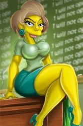 1girls breasts brown_hair chadrocco cigarette clothed clothed_female crossed_legs crossed_legs_(sitting) earrings edna_krabappel female female_only looking_at_viewer sitting sitting_on_desk solo solo_female the_simpsons