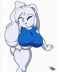 anthro big_breasts bottomless breasts clothed clothing female flexible fur furry furry_only genitals hi_res mammal nipple_outline one_leg_up partially_clothed polar_bear pussy raised_leg solo splits spread_legs spreading standing tansau thick_thighs topwear ursid ursine vertical_splits wide_hips