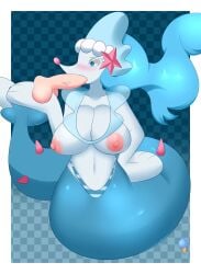 2019 3:4 anthro areola balls big_breasts blue_theme blush breasts clothing digital_drawing_(artwork) digital_media_(artwork) disembodied_penis duo fellatio female genitals hair hand_on_balls hi_res humanoid_genitalia humanoid_penis long_hair looking_at_genitalia looking_at_penis male male/female marine nintendo nipples non-mammal_breasts non-mammal_nipples oral penile penis pokémon_(species) pokemon primarina sblueicecream sex swimwear tongue video_games