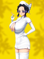 alternate_costume big_breasts black_hair blush butterfly_hair_ornament cleavage cleavage_cutout demon_slayer elbow_gloves female female_only gloves hand_on_hip huge_breasts kding kimetsu_no_yaiba kochou_shinobu looking_at_viewer nurse nurse_cap nurse_uniform purple_eyes short_dress smile solo syringe thighhighs two_tone_hair white_gloves white_legwear white_thighhighs yellow_background zettai_ryouiki