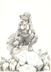 2022 anthro bodily_fluids breasts claws female fur genital_fluids greyscale gulonine hair hi_res jewelry mammal marten monochrome mustelid musteline necklace necklace_only nipples nude outside peeing scale_(artist) solo urine whiskers