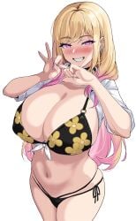 1girls 2022 alternate_eye_color bikini black_bikini blonde_hair breasts cleavage drogod_(artist) ear_piercing female flower_pattern gyaru hi_res huge_breasts kitagawa_marin long_hair looking_at_viewer naughty_face penetration_gesture purple_hair sex_gesture simple_background smile sono_bisque_doll_wa_koi_wo_suru two_tone_hair white_background