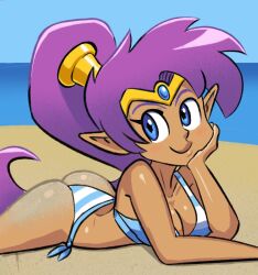 1girls ass asscherks bigumbuttis bikini blush blushing blushing_at_viewer hand_on_own_face imminent_sex long_hair medium_breasts on_stomach pointy_ears purple_hair sand_on_ass shantae shantae_(character) smooth_skin solo spicypepper the_pose