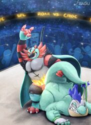 absurd_res anal anal_sex anthro audience biceps big_tail blue_body bottomless cape clothed clothing crocodilian crowd dominant dominant_male duo exhibitionism felid feraligatr fight fighting_ring fire fur gloves group handwear hi_res incineroar leg_warmers legwear male male/male male_only mammal mask muscular muscular_male nintendo pantherine pecs penetration pokémon_(species) pokemon public public_nudity public_sex red_body red_fur reptile scalie semi-anthro sex shiny_pokémon striped_body striped_fur stripes tail_grab teal_scales tiger torn_clothing video_games voyeur wrestling zerrazoid