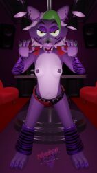 3d 3d_(artwork) 9:16 absurd_res animatronic anthro belt bracelet canid canine canis claws collar digital_media_(artwork) ear_piercing ear_ring eyebrows female five_nights_at_freddy's five_nights_at_freddy's:_security_breach fur furniture green_claws hi_res highlights_(coloring) humanoid jewelry light_fixture lips lipstick lube_bottle machine makeup mammal metropex pasties paws piercing pole purple_body purple_claws purple_fur robot roxanne_wolf_(fnaf) scottgames sharp_teeth shoulder_pads sofa solo speaker spiked_belt spiked_bracelet spiked_collar spikes strip_club stripper_pole teeth tiger_stripes video_games white_body white_fur wolf yellow_eyes