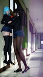 2girls 3d against_wall ahwlly ahwlly_(artist) black_hair blazer blue_hair bob_cut female female_only how_to_talk_to_short_people leggings lifting lifting_person loafers long_hair meme pink_eyes ponytail self_insert short short_hair skirt smile straight_hair sweater tall thick_thighs thighhighs uniform