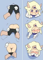 ass_slap blonde_hair blue_body blue_eyes chibi cookie_run covering_mouth dat_ass long_hair madeleine_cookie male nervous pale-skinned_male pale_skin stuck stuck_in_wall taking_clothes_off through_wall