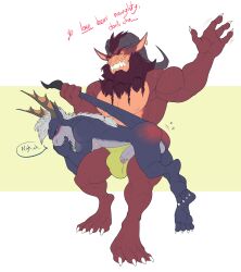 2022 2_horns 4_fingers 4_toes absurd_res animal_legs anthro anthro_on_anthro ass balls barefoot belly big_bulge big_horn big_muscles black_sclera black_tail blue_eyes blue_text blush bodily_fluids bottomwear braided_beard bristol bulge claws clothed clothed/nude clothed_anthro clothed_male clothed_male_nude_male clothing colored covering covering_mouth curved_horn dark_horn dialogue digital_drawing_(artwork) digital_media_(artwork) digitigrade draken dripping duo ear_piercing ear_ring english_text erection eyebrows fangs feet fingers flat_colors foreskin front_view full-length_portrait fur genital_fluids genitals glans gold_(metal) gold_jewelry gold_ring green_speedo grey_arms grey_back grey_balls grey_belly grey_body grey_butt grey_chest grey_ears grey_face grey_feet grey_fingers grey_hands grey_horn grey_inner_ear grey_legs grey_neck grey_penis grey_scales grey_tail grey_toes head_horn hi_res horn huge_muscles huge_pecs humanoid_genitalia humanoid_hands humanoid_penis jewelry larger_anthro larger_male male male/male male_anthro manly membrane_(anatomy) moan multicolored_body multicolored_penis multicolored_scales muscle_size_difference muscular muscular_anthro muscular_male nipples nude nude_anthro nude_male open_mouth open_smile partially_retracted_foreskin penis piercing pink_glans pink_nipples pink_penis portrait precum precum_drip pseudo_hair red_arms red_beard red_body red_ears red_eyebrows red_face red_fingers red_fur red_hands red_legs red_scales red_sclera red_text red_toes scales scalie simple_background sitting size_difference skimpy smaller_anthro smaller_male smile spanking speech_bubble speedo_only star_symbol tail_grab tail_pull tan_belly tan_body tan_chest tan_face tan_inner_ear tan_membrane tan_scales text tight_bottomwear tight_clothing toes topless topless_anthro topless_male transparent_speech_bubble two_tone_body two_tone_face two_tone_penis two_tone_scales two_tone_tail white_background white_body white_claws white_fur white_pseudo_hair wildstar yellow_background yellow_eyes