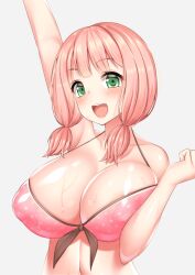 areola_slip areolae arm_up bang_dream! bikini blush breasts cleavage collarbone eyebrows_visible_through_hair female green_eyes grey_background highres huge_breasts looking_at_viewer low_twintails medium_hair navel numaccha open_mouth pink_hair puffy_nipples simple_background smile solo standing swimsuit teeth tied_hair twintails uehara_himari upper_body upper_teeth wet