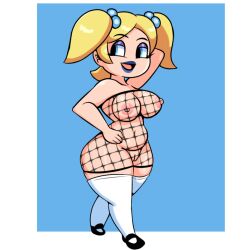 1girls artist_request belly_button big_breasts bimbo blonde_hair blue_eyes blue_lipstick breasts bubbles_(powerpuff_girls) cartoon_network chubby eyeshadow fingers fishnet_dress fishnets lipstick makeup navel nipples open_mouth pose powerpuff_girls purple_eyeshadow pussy shortstack slightly_chubby twintails walking walkings wide_hips