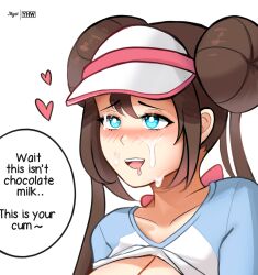 blue_eyes breasts breasts_out censored cum cum_on_face long_hair meme myst nintendo pokemon pokemon_bw2 rosa_(pokemon) slq smile smiling soft_breasts soft_shading tummy white_background yhw