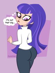 1girls ass big_ass big_butt dc dc_comics dc_super_hero_girls embarrassed female female_only light-skinned_female looking_back porkchop_(artist) purple_eyes purple_hair rear_view solo thought_bubble tight_clothing white_shirt zee_zatara